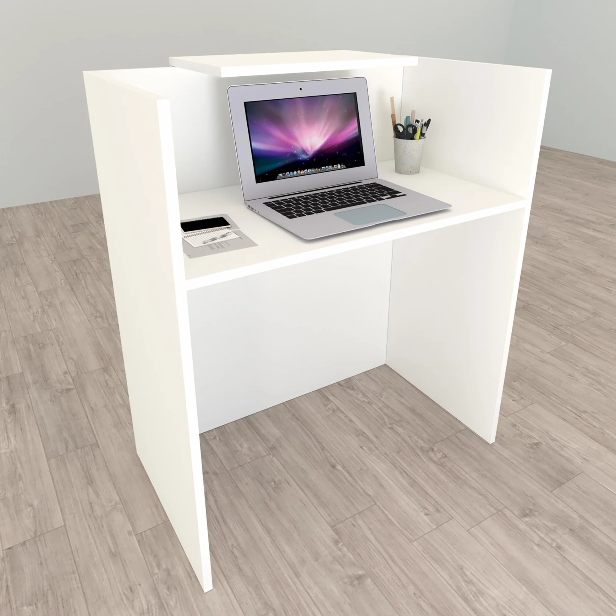 Henor Mostrador Oja. 80 x 50 x 107 cm. con Mesa Interior. Ideal para Recepción Atención Oficina Comercio Negocio Local Comercial. Blanco.