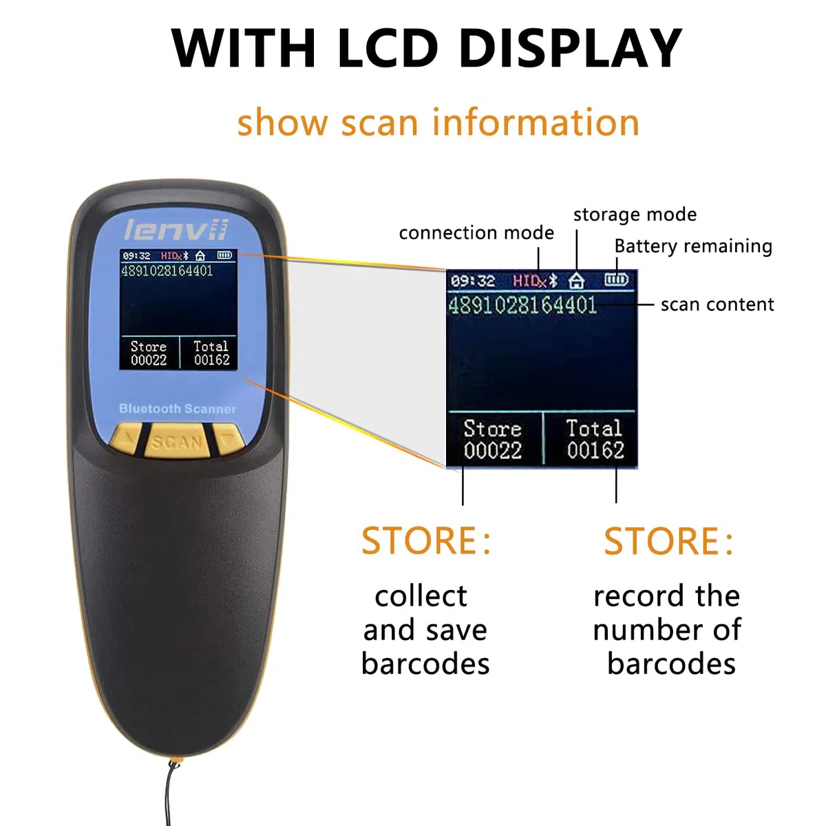 LENVII Portátil Bluetooth Escáner de código de Barras 2D – con Pantalla | 3 en 1 Inalámbrico QR Lector de código de Barras, 1200mAh, Compatible con Windows, Mac,Android Lector codigo de Barras(Negro)
