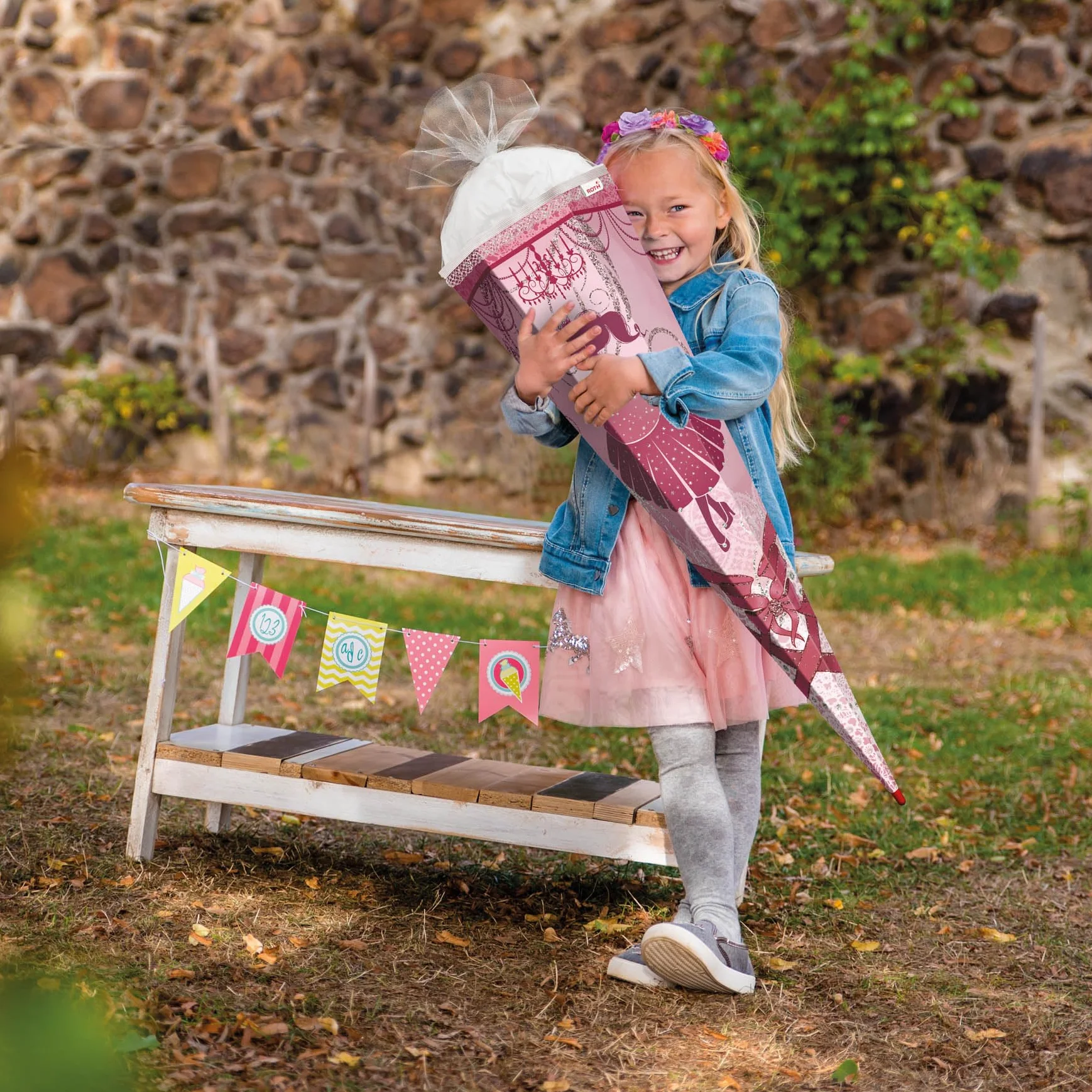 ROTH Schultüte groß Ballerina 85 cm - Glitter und Glitzer-Borte - 6-eckig Rot(h)-Spitze Tüllverschluss - Zuckertüte, Ballerina, Danzerin, Schulanfang