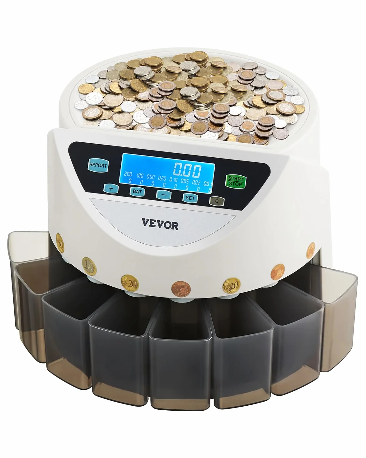 VEVOR Clasificadora de Monedas EURO, Contadora para 8 Tipos de Monedas, Pantalla LCD, 5 Tubos, Admite 850 Monedas