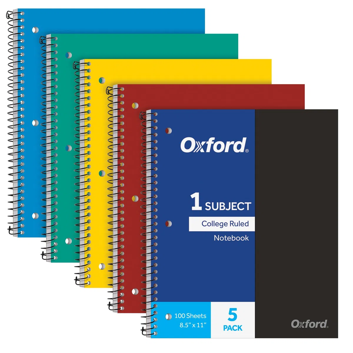 Oxford Cuaderno de espiral de 1 materia, cuaderno para la escuela, cubiertas de plástico, suministros de regreso a clases, rayas universitarias, 100 hojas, paquete de 5, colores primarios surtidos: