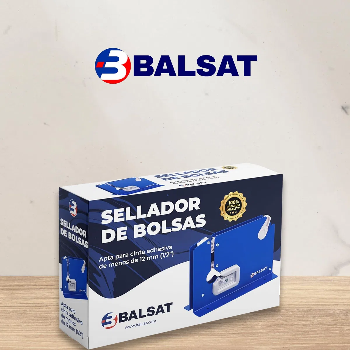 BALSAT Máquina Cierra Bolsas Precintadora de Bolsa Azul Lacada + 6 Rollos Rojos | Sellador de Bolsas de Plástico Manual | Compatible con Cintas Adhesivas de 12 mm an | Metálica, Robusta y Precisa