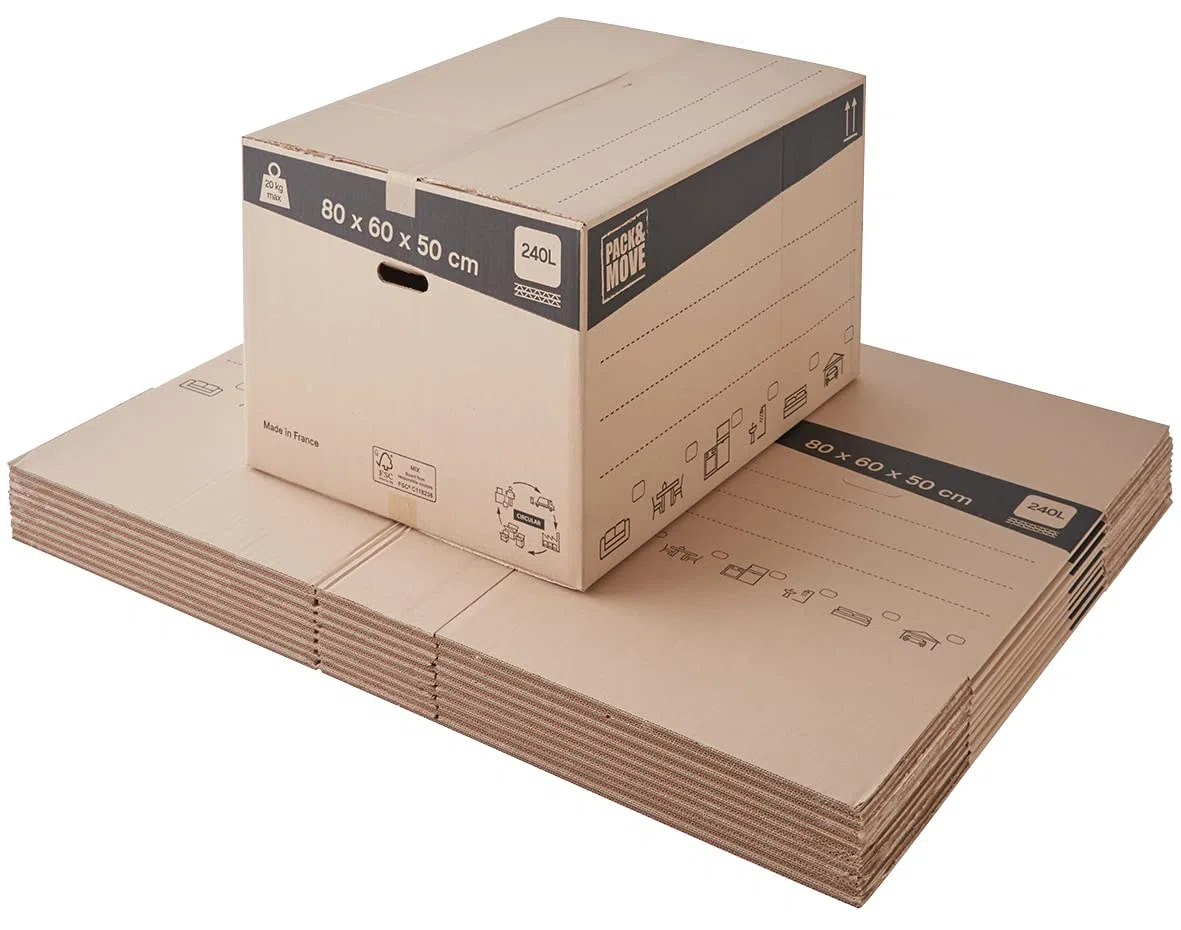 Pack de cajas de cartón para mudanza XXL 240L - 80x60x50 cm - certificados FSC 70% - Pack and Move (30)