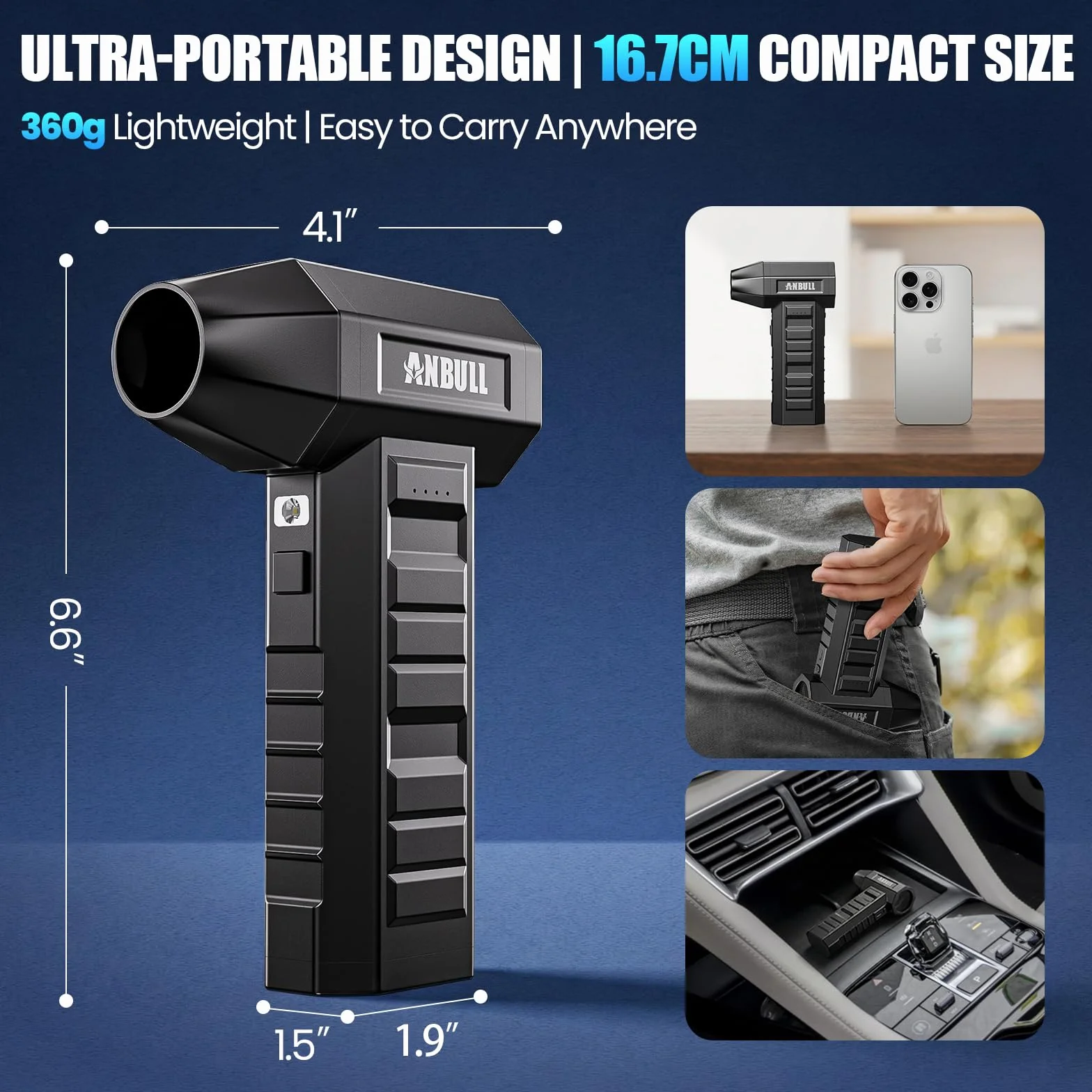 Anbull Soplador de Aire Potente 250.000 RPM, 9000 mAh Batería, Recargable USB-C e Inalámbrico, 4 Niveles de Potencia Ajustables con Linterna LED para PC, Teclado, Coche y Limpieza de Electrónicos