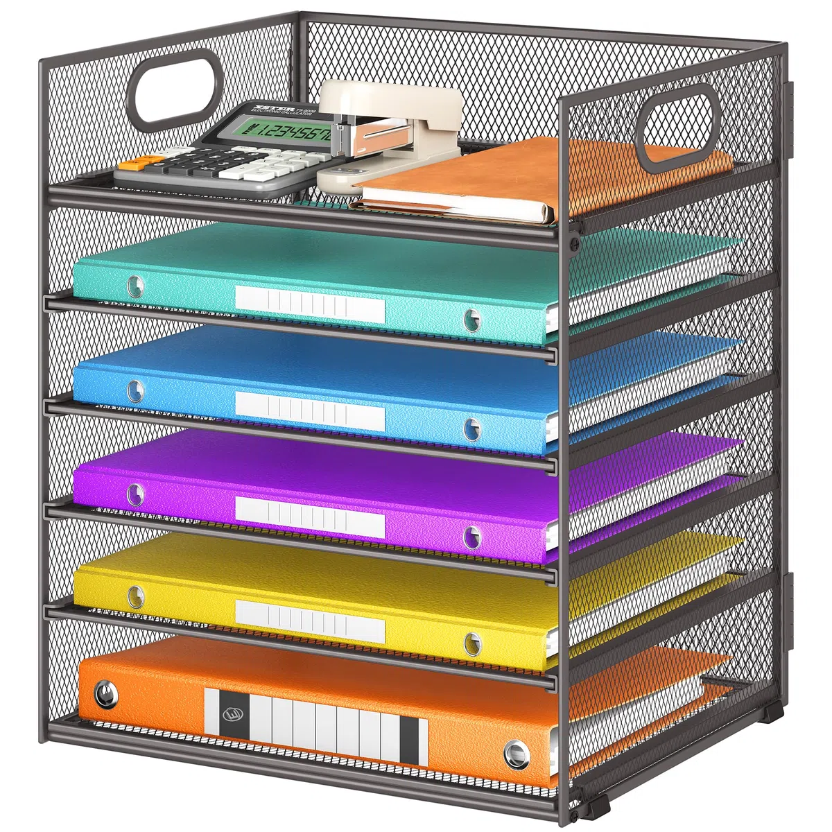 Bandeja organizadora de papel de 6 niveles con asa, organizador de archivos de escritorio de malla, estante de documentos de escritorio de metal, clasificador de papel para oficina, hogar o escuela,
