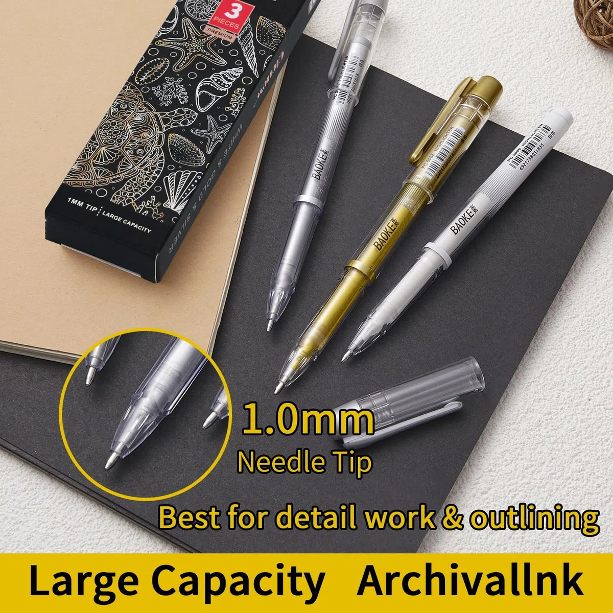 Qionew Juego de bolígrafos de gel de 3 colores: blanco, dorado y plateado, bolígrafos de punta extrafina de 0.1 mm, bolígrafos de tinta de gel opacos para dibujo de papel negro, bocetos, ilustración,