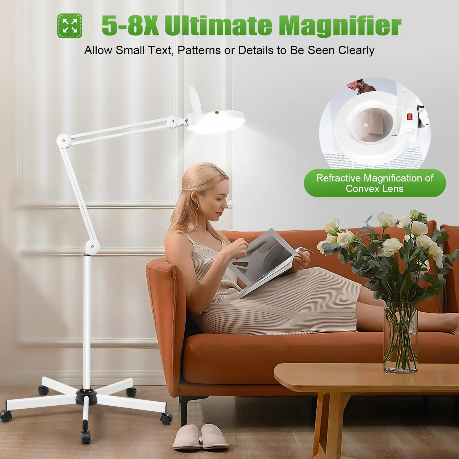 Lámpara de lupa LED, 24 W, lámpara de lupa de lectura, 6000 K, 2400 lm, brazo giratorio ajustable con 5 ruedas, funda protectora contra el polvo, luz de trabajo, lámpara de lupa iluminada, color