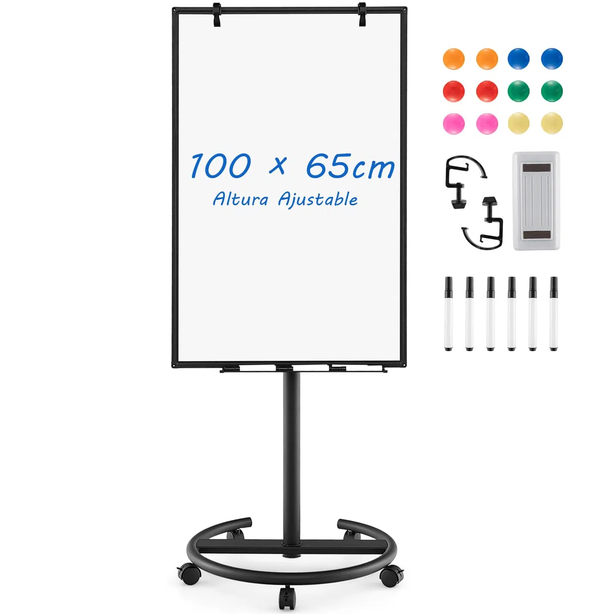 COSTWAY Pizarra Móvil 100x65 cm, Pizarra Blanca Magnética Ajustable Altura y Ruedas, Pizarra Blanca con Clips de Papel y Bandeja, Bloc de Notas de 25 Hojas, Imanes, Marcadores y Borrador (negro)