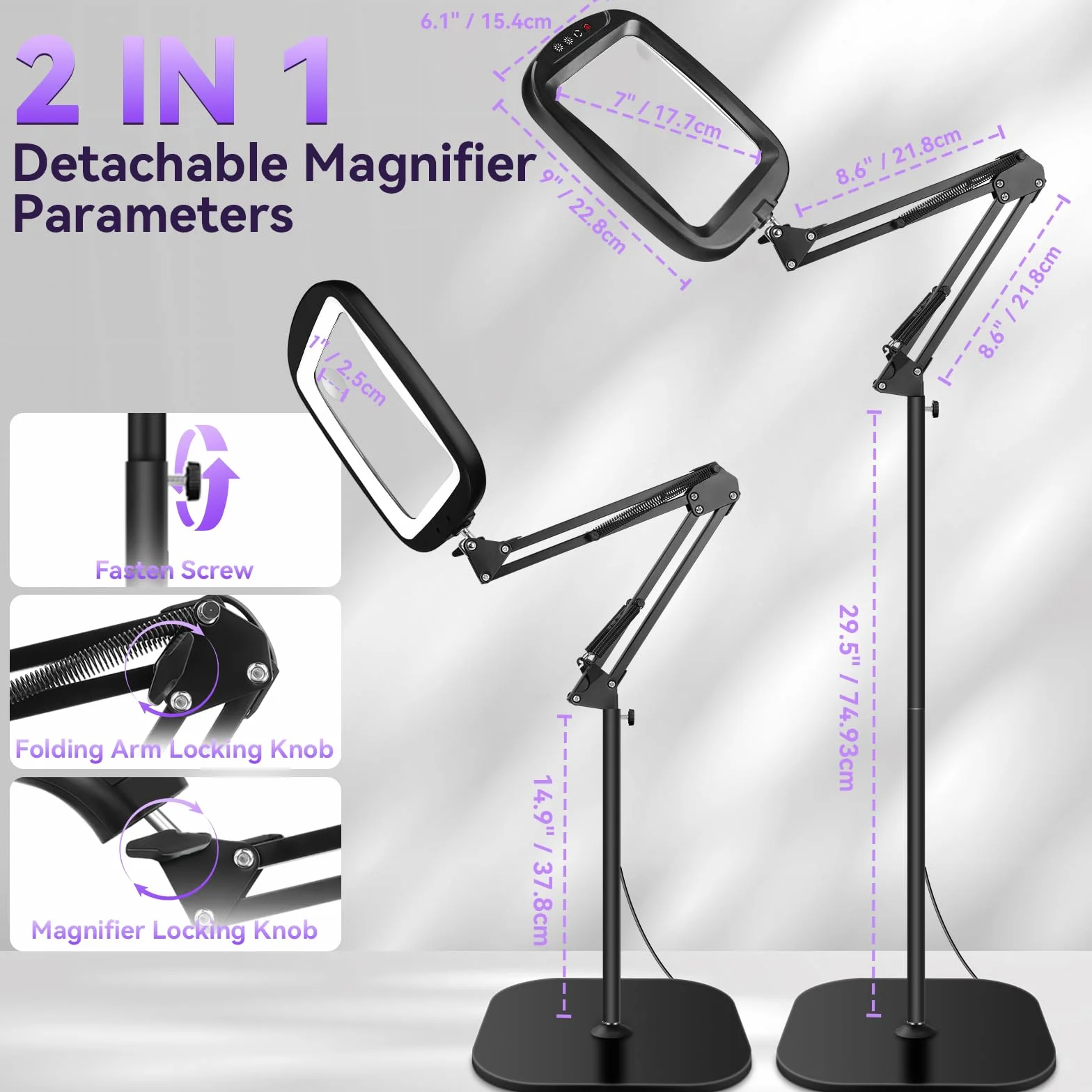 NZQXJXZ 10X 30X Lupa con Luz y Soporte, 2 en 1 Lámpara de Aumento de Piso | con 60 LED de Brillo Ajustable, 5 Modos de Color, Lupa Iluminada para Trabajos de Cerca, Costura, Manualidades, Pasatiempos