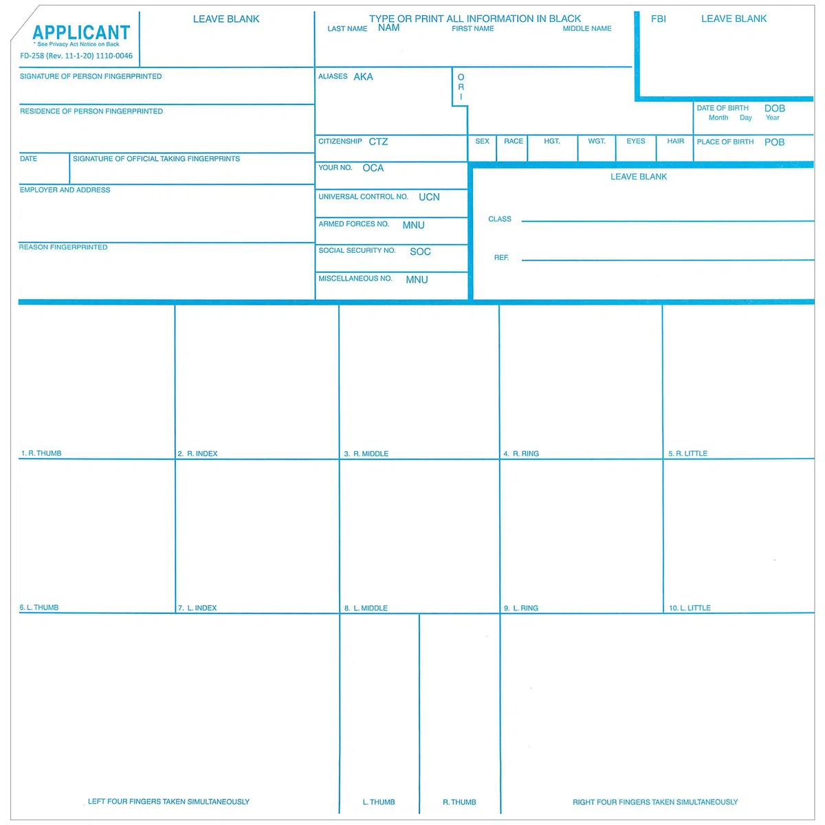 FBI Fingerprint Cards, Applicant FD-258, 5 Cards by