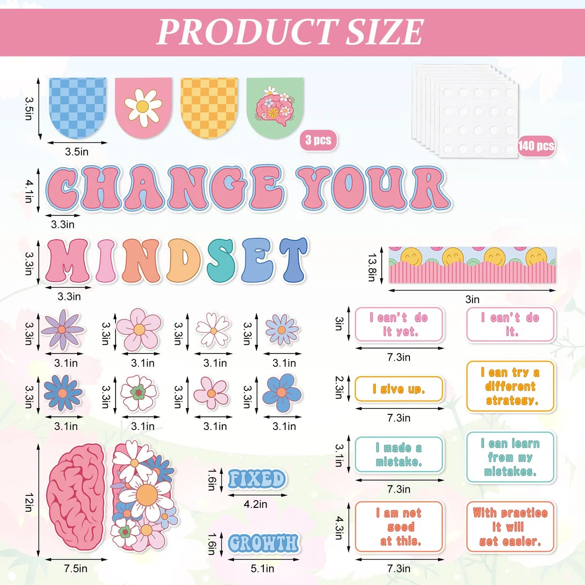 FYSUIMU Bloom with a Growth Mindset - Juego de tablón de anuncios motivacional para cambiar tu mentalidad, póster floral de primavera, decoración de aula para profesores, estudiantes, pared escolar