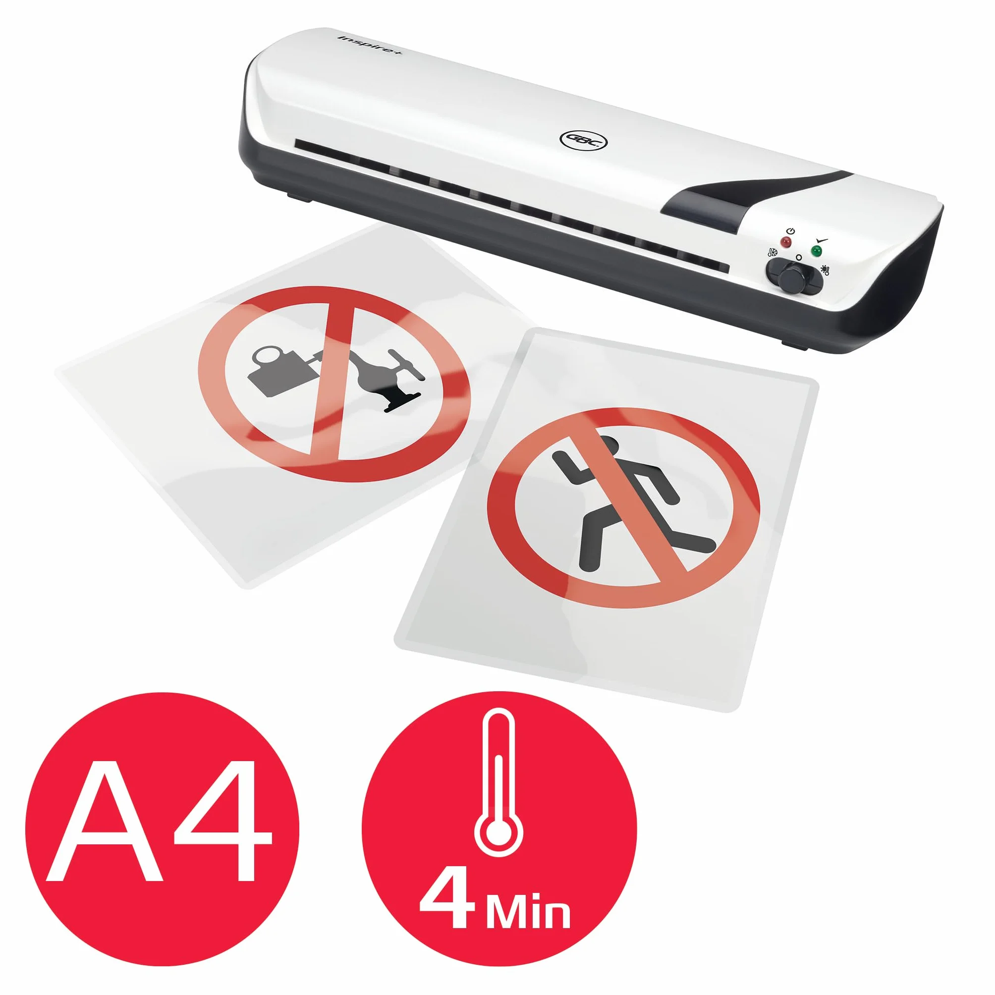 Plastificadora Inspire+ A4 Compacta, Calentamiento Rápido 4 Minutos, Modo Frío, 2x75-125 Micras, 5 Fundas, Blanco