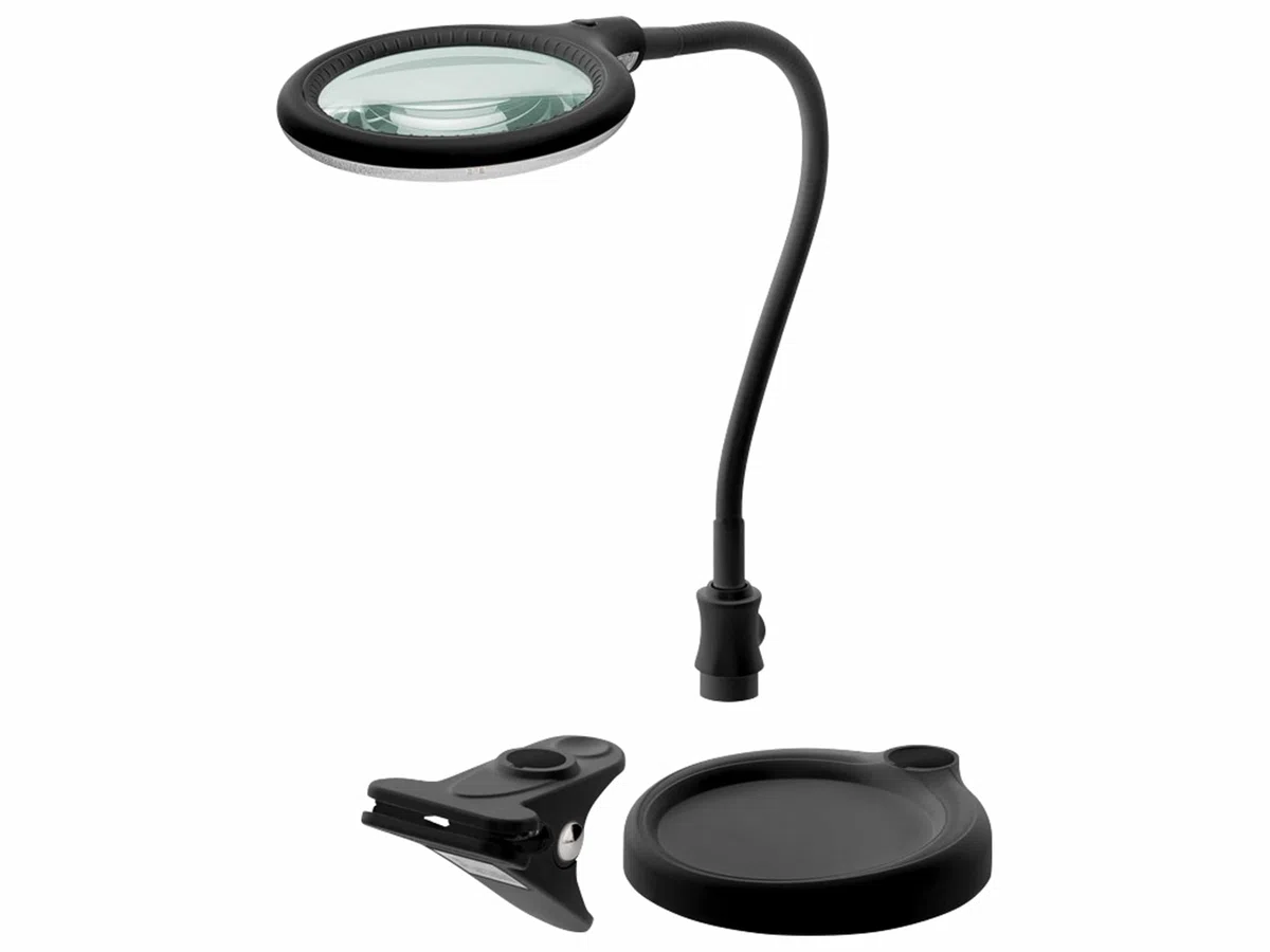 goobay 64990 Lámpara lupa LED 6W 480lm/ soporte lámpara lupa, pinza/lente cristal 100mm 1,75 aumentos/lupa trabajo cosmética, soldadura, manualidades, leer/cuello cisne/lámpara sobremesa