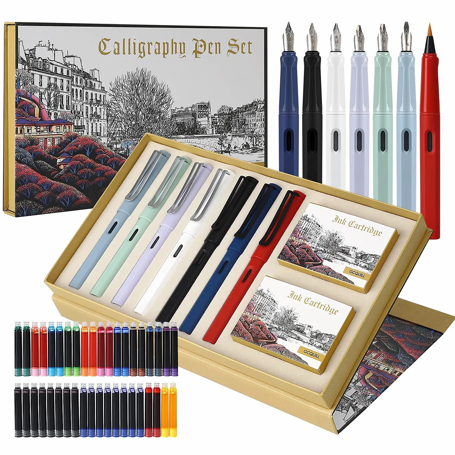 Juego de 7 plumas estilográficas de caligrafía con diferentes puntas y 40 cartuchos de tinta, juego de caligrafía para principiantes - MU-09