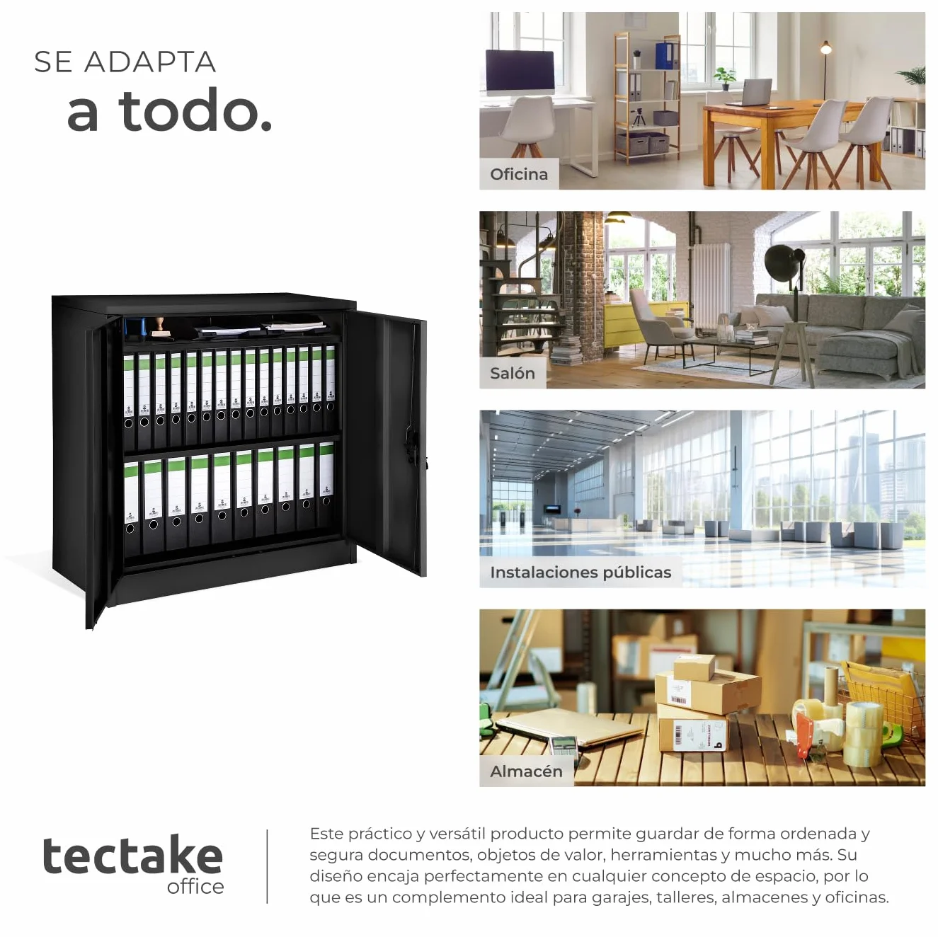 Tectake Armario Metálico con 3 Cajones Bloqueable, Estantes Ajustables, 90x90x40cm Negro