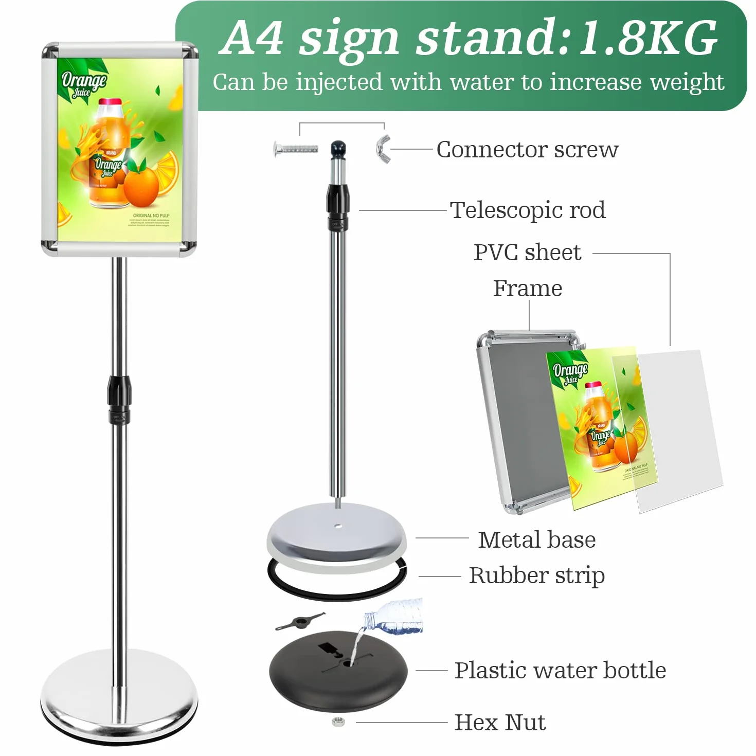 Soportes A4 para carteles de aluminio ajustables en ángulo y altura, plateado, paquete de 6