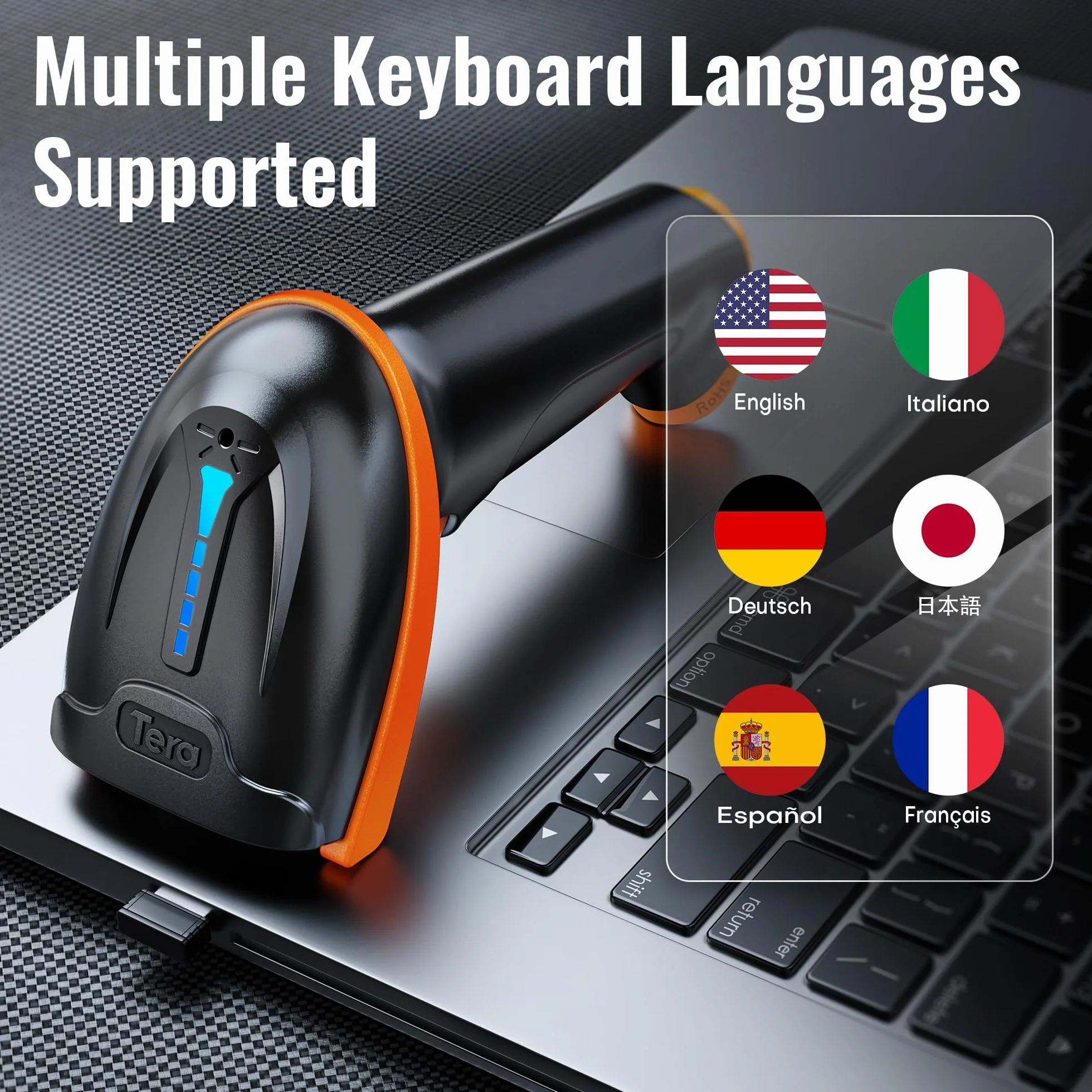 Tera Lector de Código de Barras Portátil Inalámbrico 1D Láser Inalámbrico y con Cable USB Indicador de Nivel de Batería Extra Grande de 2000mAh, Modelo 5100, Naranja/Negro