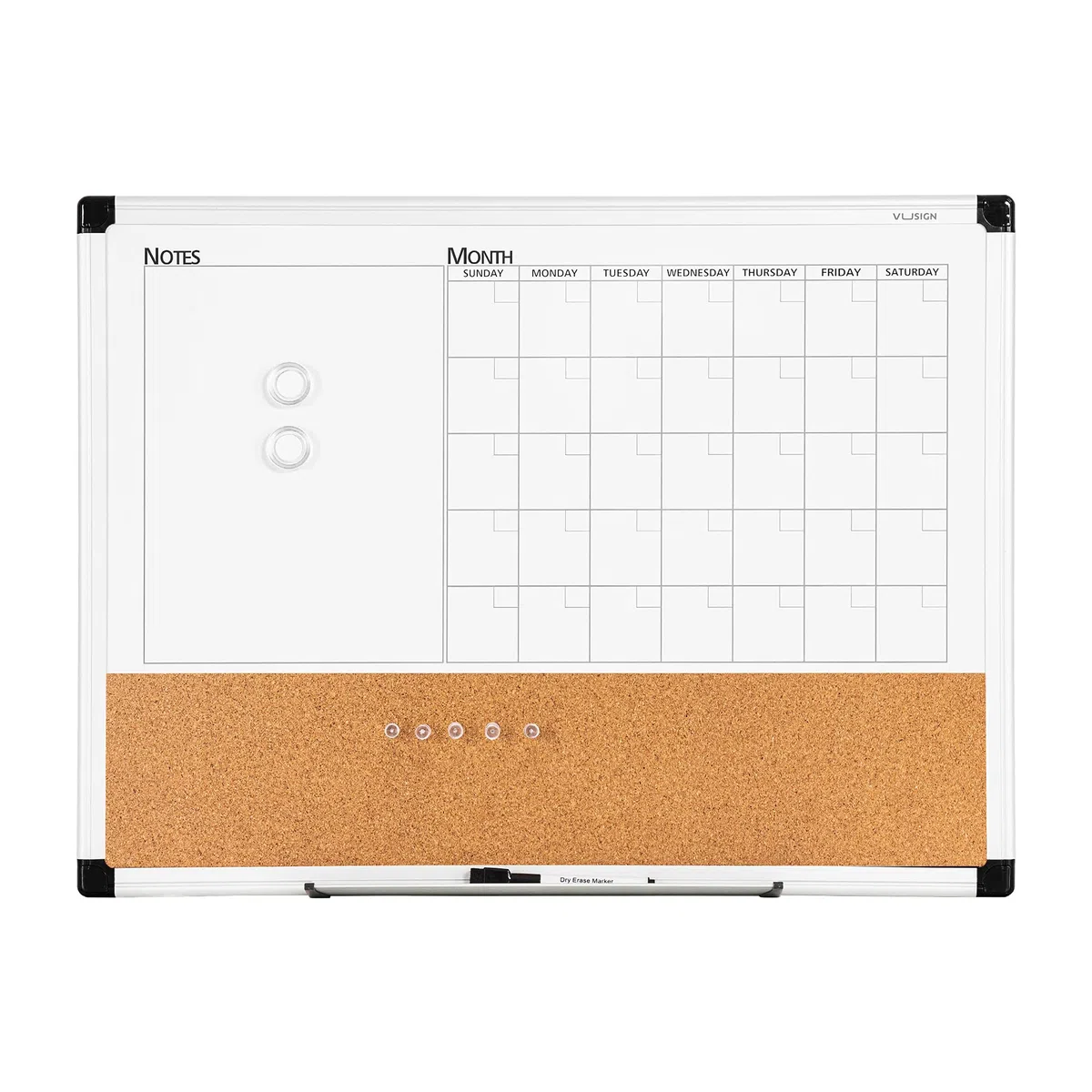 VUSIGN Pizarra blanca con calendario mensual y pizarra de corcho de borrado en seco, 45,72 x 61 cm, marco de aluminio plateado