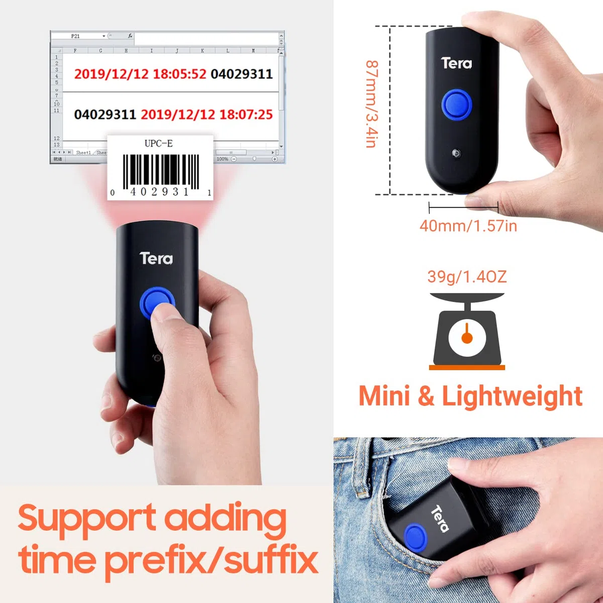Tera 1D Láser Lector de Códigos de Barras Inalámbrico 1D Escáner de Códigos de Barras, Tres Modos de Uso, Compatible con Bluetooth, Inalmábrico a 2.4 GHz y con Cable USB 2.0,1100