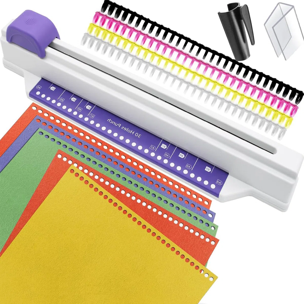 Encuadernadora manual con espiral, perforadora de 30 agujeros, encuadernadora con 4 tiras de hojas sueltas, perforadora de escritorio for A4, A5, A6, A7, B5-B7