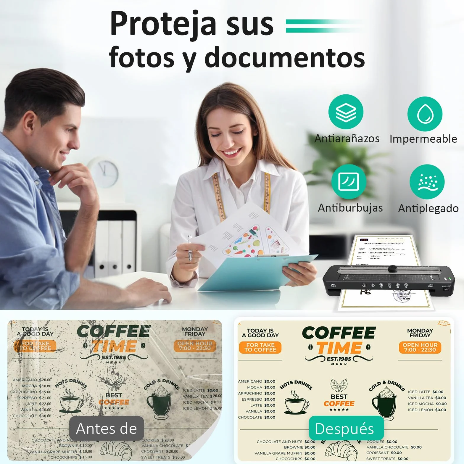 Plastificadora A3 5 en 1 Máquina Laminadora en Frío y Caliente con Cortador de Papel y Relleno de Esquinas