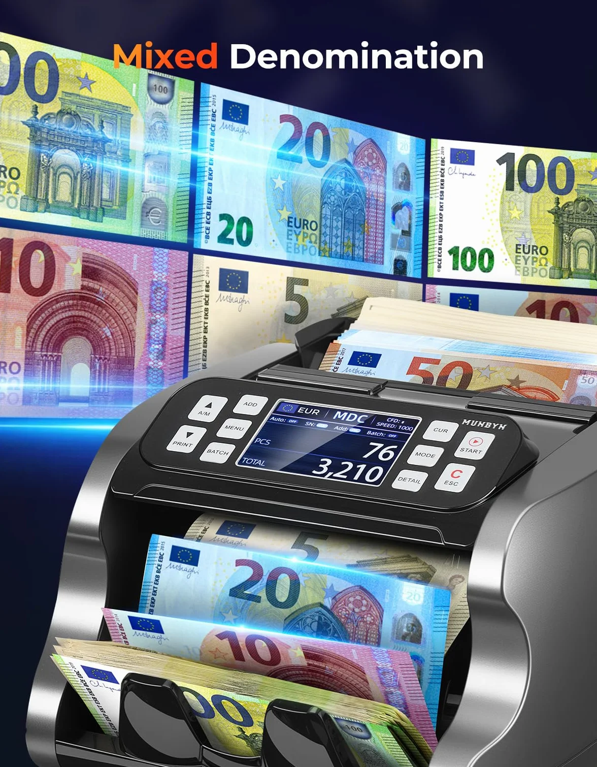 MUNBYN IMC22 Contadora de Billetes Mixto, Máquina Contar Billetes con Detector Falsos CIS/UV/IR/MG/MT, EUR USD CAD, 120 Divisas, Doble Pantalla