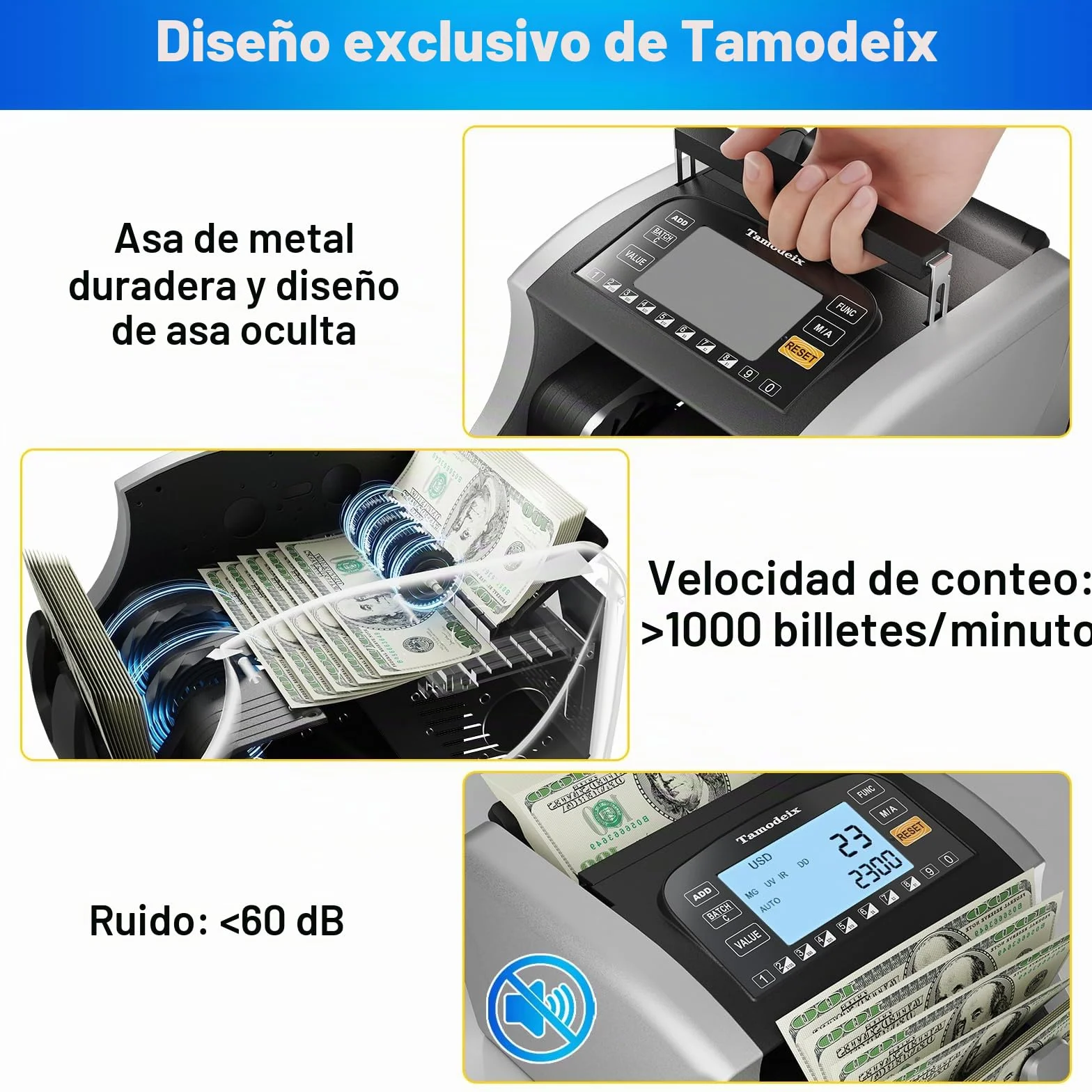 NX270 Contador de Billetes Máquina Contadora de Efectivo en Euro y USD y GBP con LCD Grande y Pantalla Externa para Pequeñas Empresas, No cuenta montos mixtos