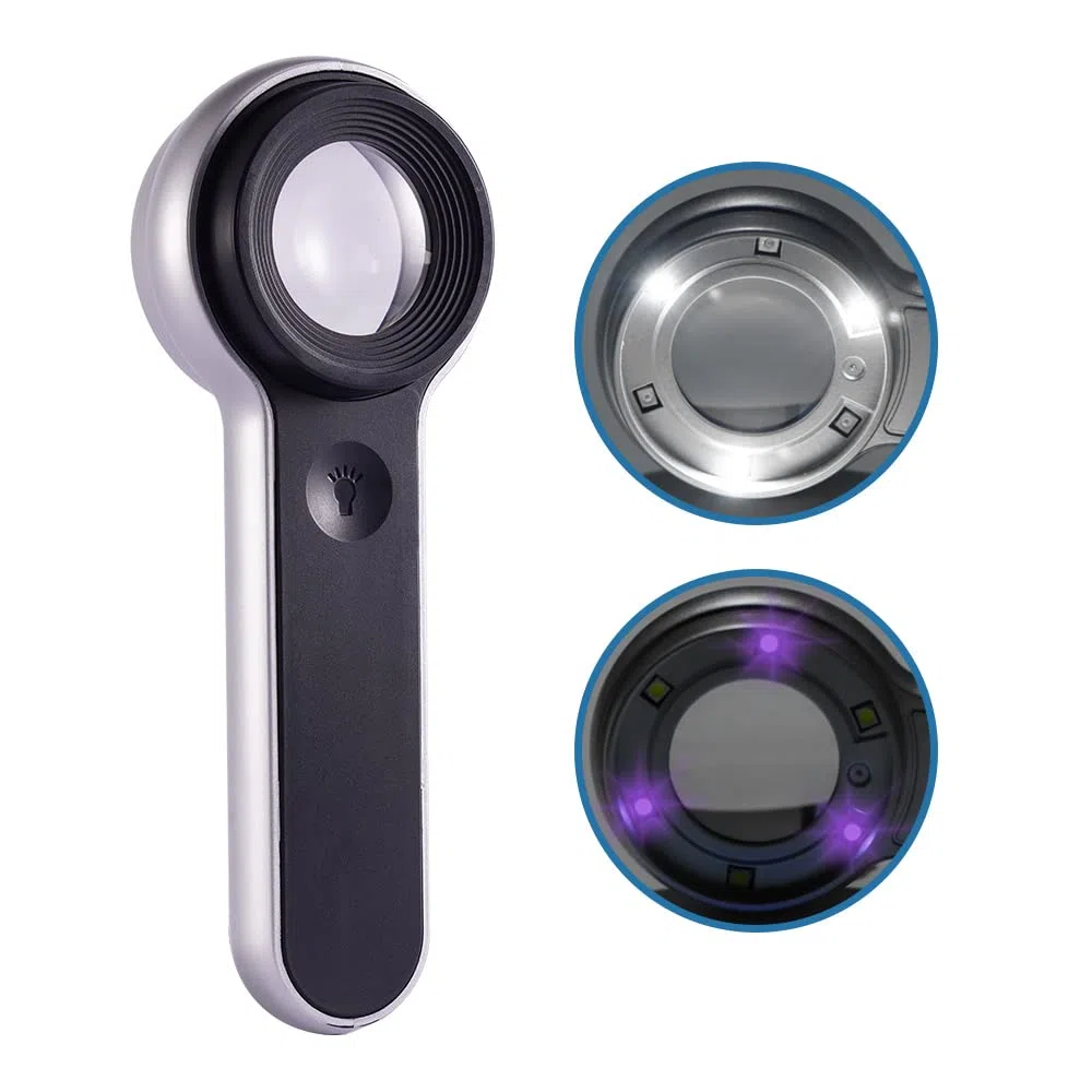 Lupa recargable iluminada de 60x con lentes de doble revestimiento, iluminación LED/UV, diseñada para la restauración de la identificación de joyas, trabajo cercano, reparación, jardinería, sellos,