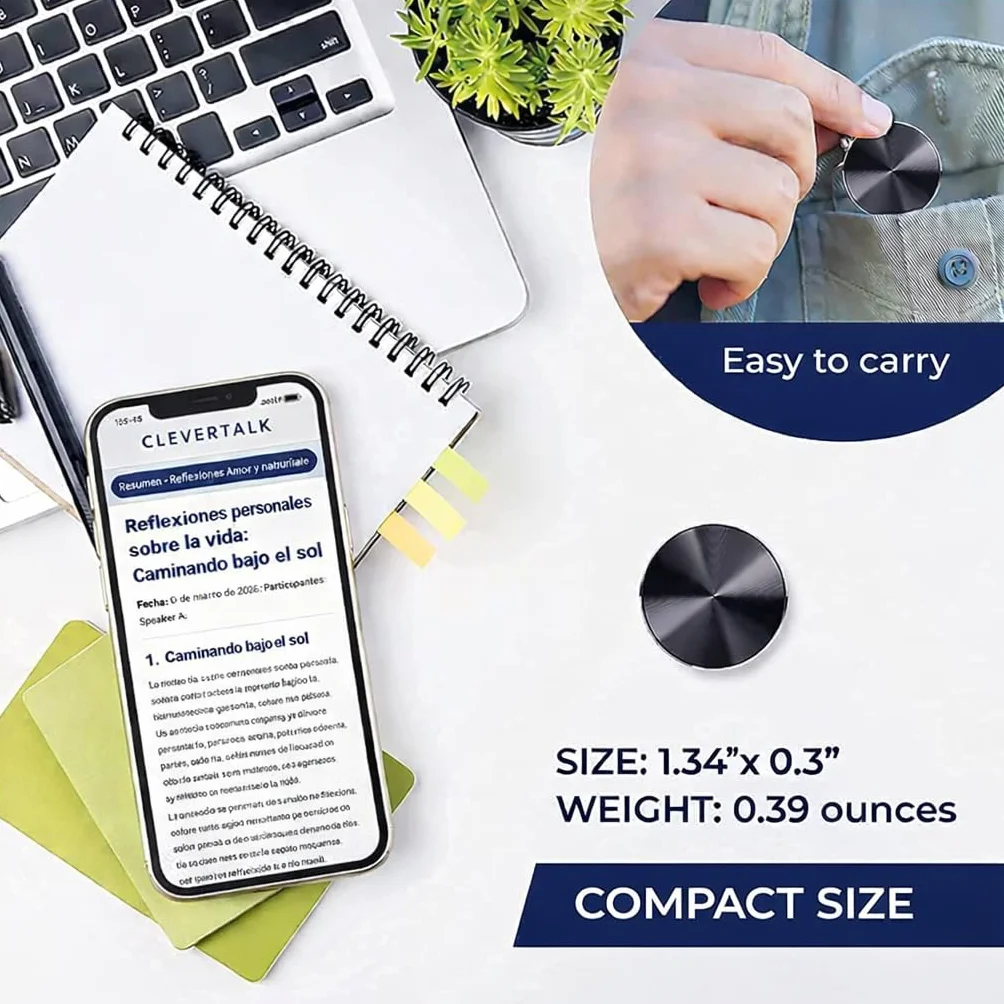 CleverTalk Q37 64GB Mini Grabadora de Voz con IA, Transcripción Automática y Traducción 100+ Idiomas, Activación por Voz, Reducción de Ruido HD, Configuración por App