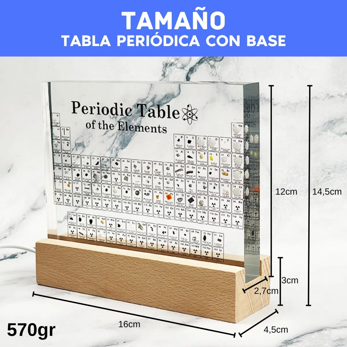 Tabla Periódica con Elementos Reales y Base de Madera con Luz Led Cálida - Póster Tabla de los Elementos Resina Transparente y Soporte - Regalo Química