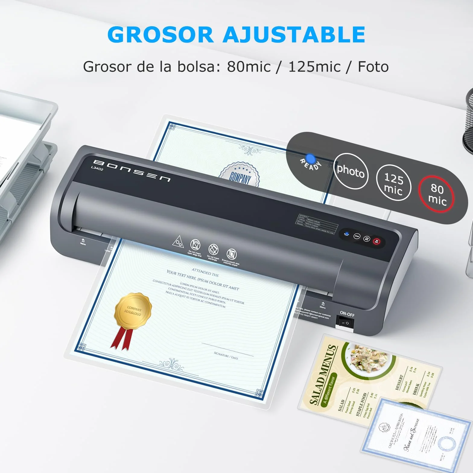 BONSEN Plastificadora A3 Anti-Atasco 100 Fundas Control Temperatura NTC Rápida L3402
