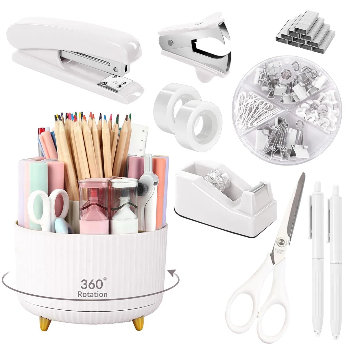 SKYDUE Juego de suministros de oficina blancos, accesorios de escritorio de oficina, 10 piezas, soporte para lápices, grapadora, dispensador de cinta, tijeras, regla, carpeta/clips de papel y 1000