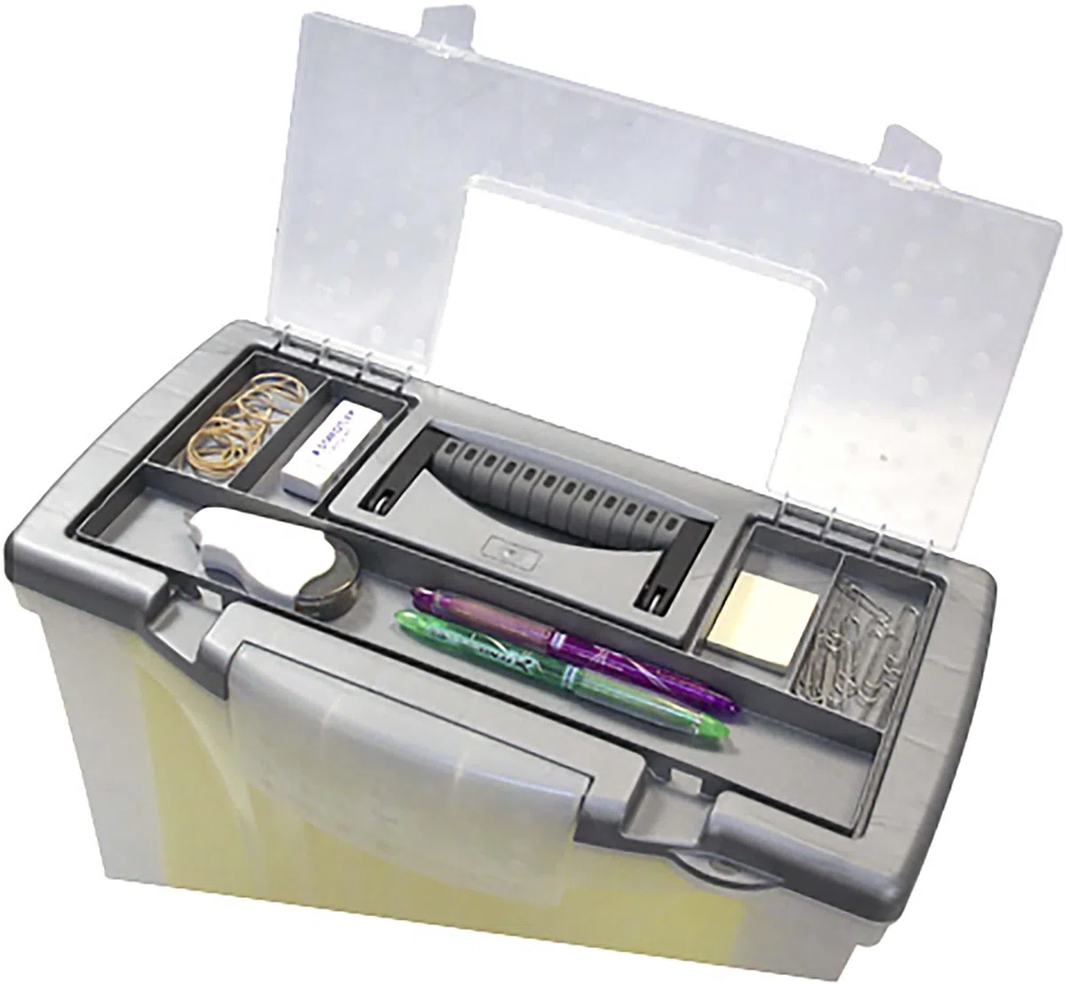 Storex Caja de archivos portátil con tapa organizadora, 17.13 x 9.63 x 11 pulgadas, esmerilado/plateado (61511A01C)