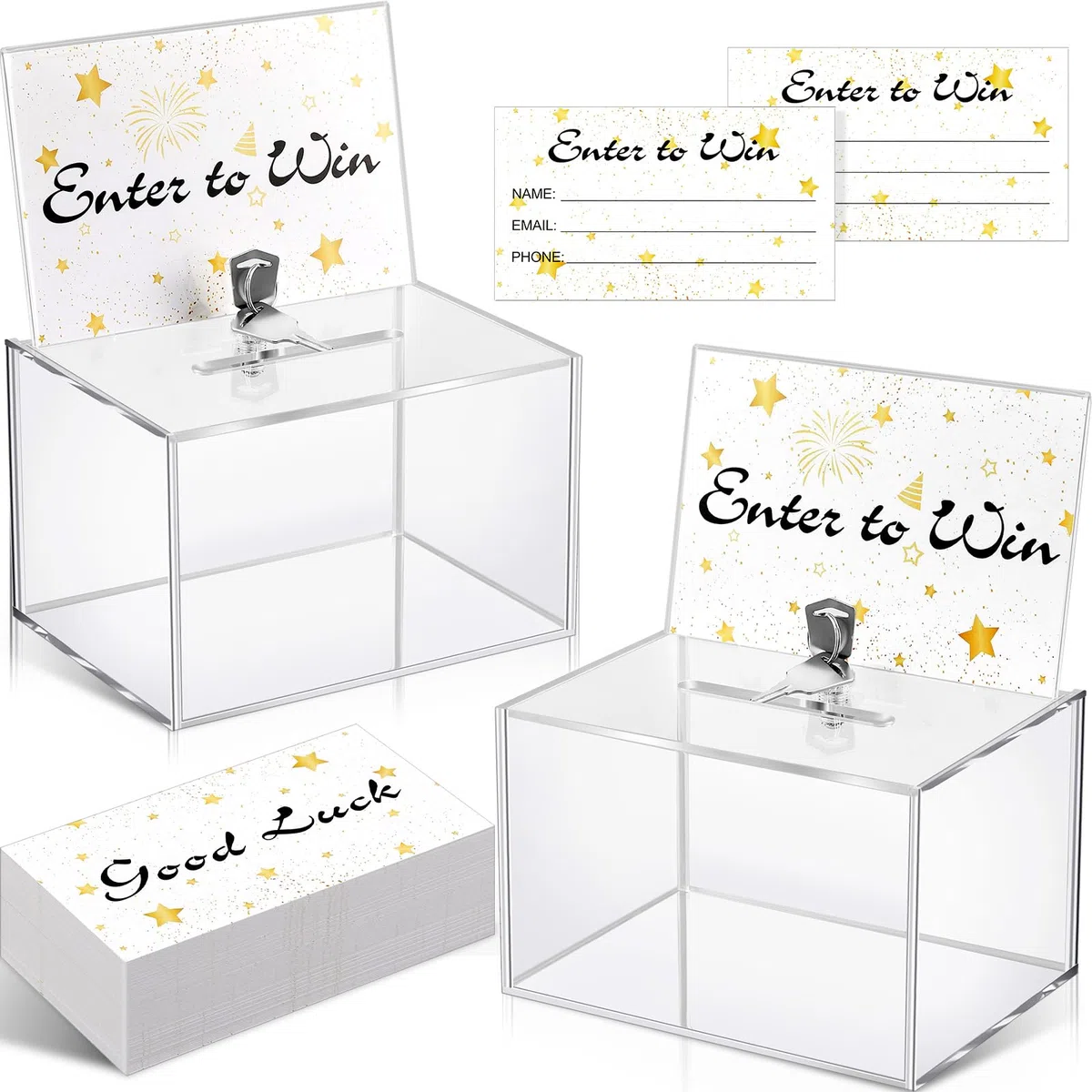 Beeveer 2 cajas de rifa acrílicas con cerradura, 400 unidades, tarjetas de rifa, caja de boletos de rifa con soporte para letreros, caja de sugerencia con ranura, caja de donación transparente, caja
