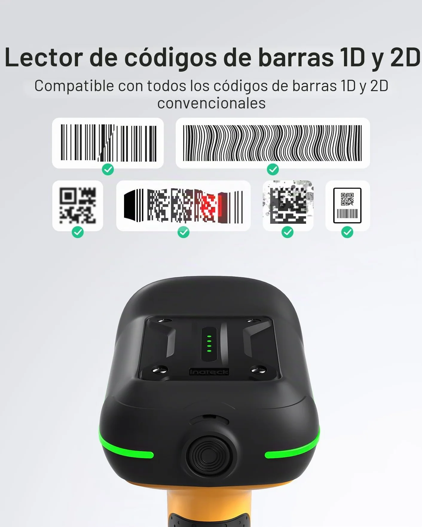 Inateck Escáner de Códigos de Barras Industrial Inalámbrico, Escáner 2D QR con Base de Carga Inteligente, IP67 Impermeable y a Prueba de Polvo, Batería 2600mAh, Escáner Manual con App & SDK, BCST-75S