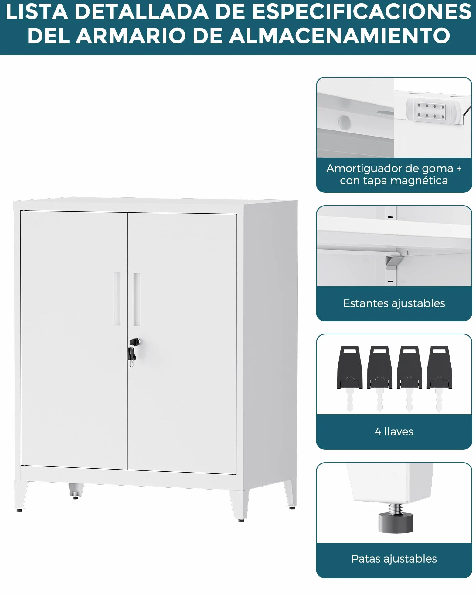 Armario Metalico, Equipado con 2 Estantes Ajustables en Altura, Armario de Oficina de Acero con Cerradura, Blanco, 100×80×40 cm