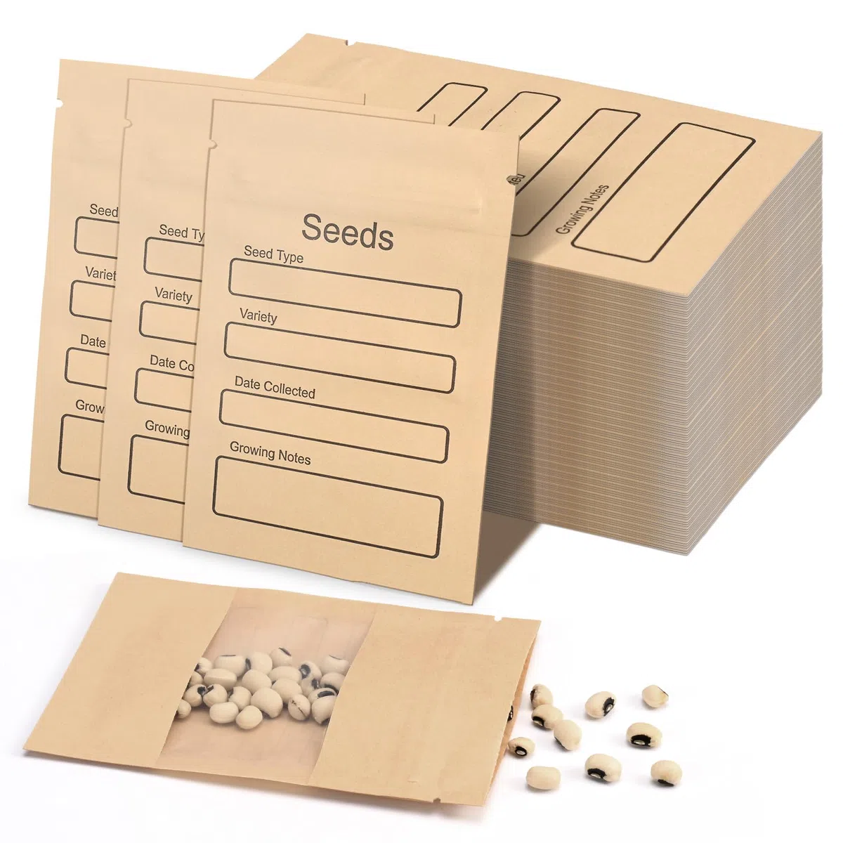 Paquete de 100 sobres pequeños resellables con ventana transparente, 3.15 x 4.72 pulgadas, sobres de papel kraft marrón con plantilla de recolección de semillas preimpresa para almacenamiento de