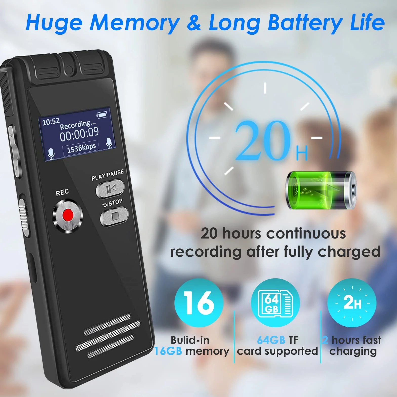 Grabadora de Voz Activada 16GB Portátil con Reproductor MP3 y Contraseña