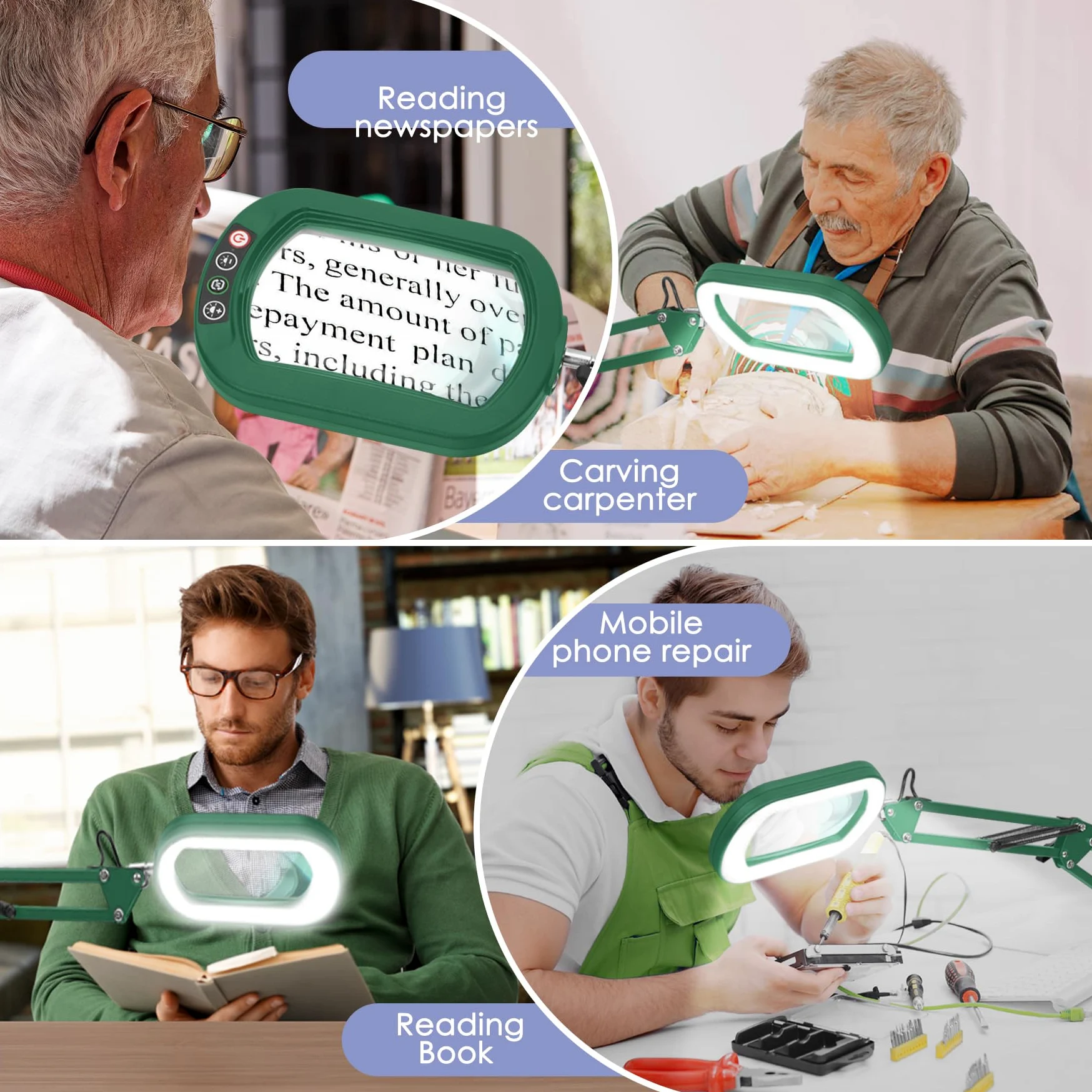 Lupa cuadrada de 10 aumentos con luz y abrazadera, lupa y soporte de cristal real, 5 modos de color regulable, lámpara de escritorio manos libres con abrazadera para leer, manualidades, pasatiempos