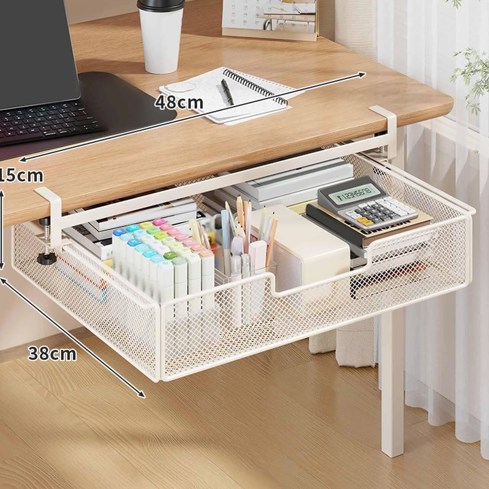 Cajón Bajo Mesa Organizador Estante Colgante Metálico Diseño Deslizante Capacidad Ampliada Adecuado para Oficina Cocina Habitación Armario Despensa Es, White L