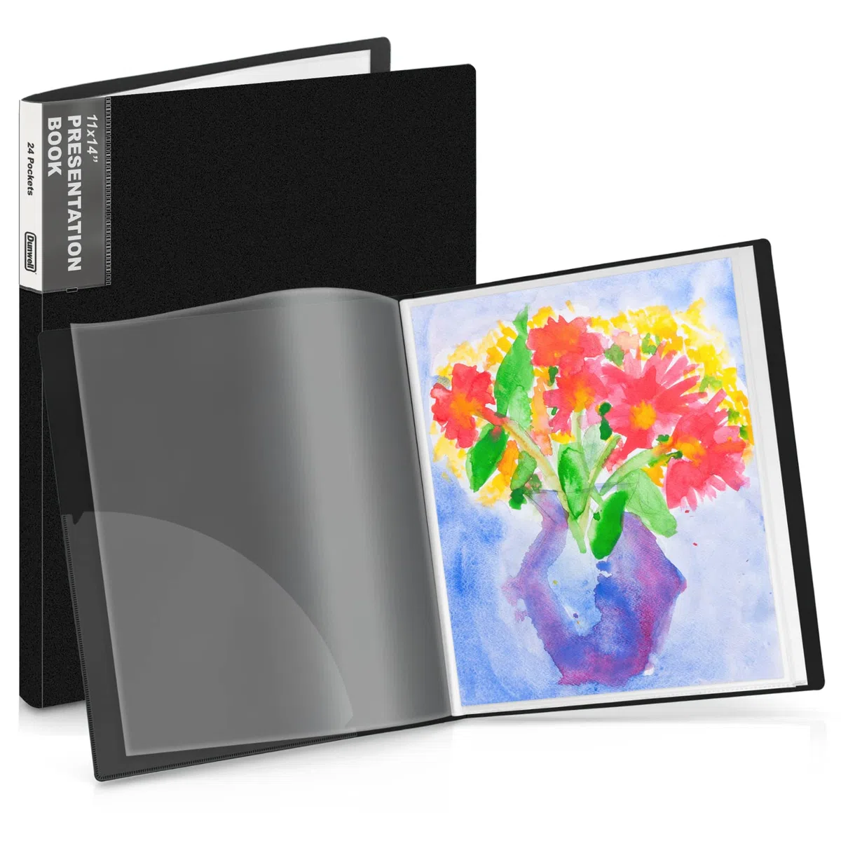 Dunwell Carpeta de 11 x 14 pulgadas con fundas – (negro), 24 bolsillos, 48 páginas, carpeta grande con fundas de plástico, libro de presentación de 11 x 14 pulgadas con fundas protectoras, portafolio