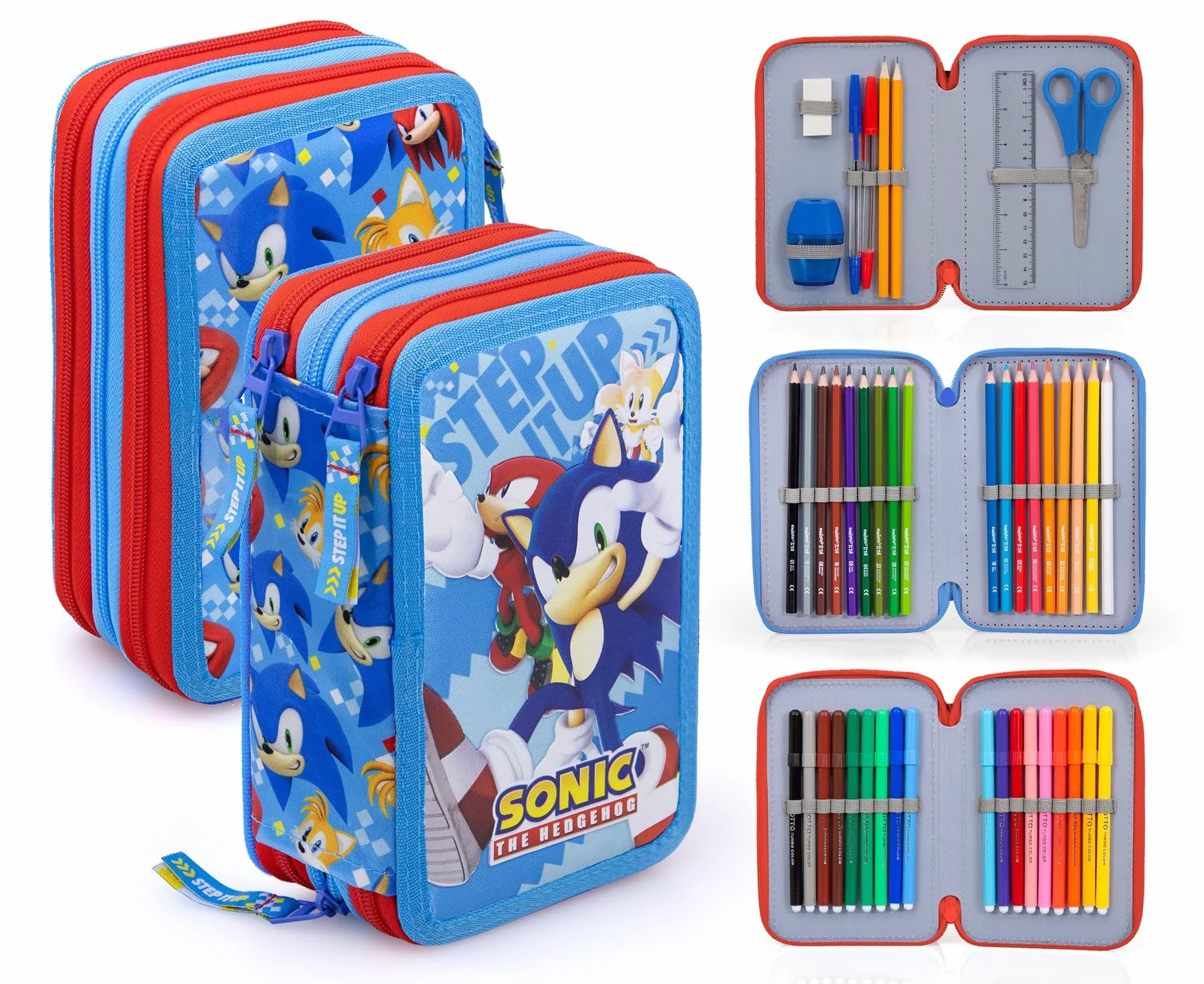 Estuche escolar 3 cremalleras Sonic The Hedgehog 3 Zip con 44 artículos (azul claro/rojo), 20×15×6 cm - Producto oficial SEGA, Cartuchera, turquesa, Contemporain