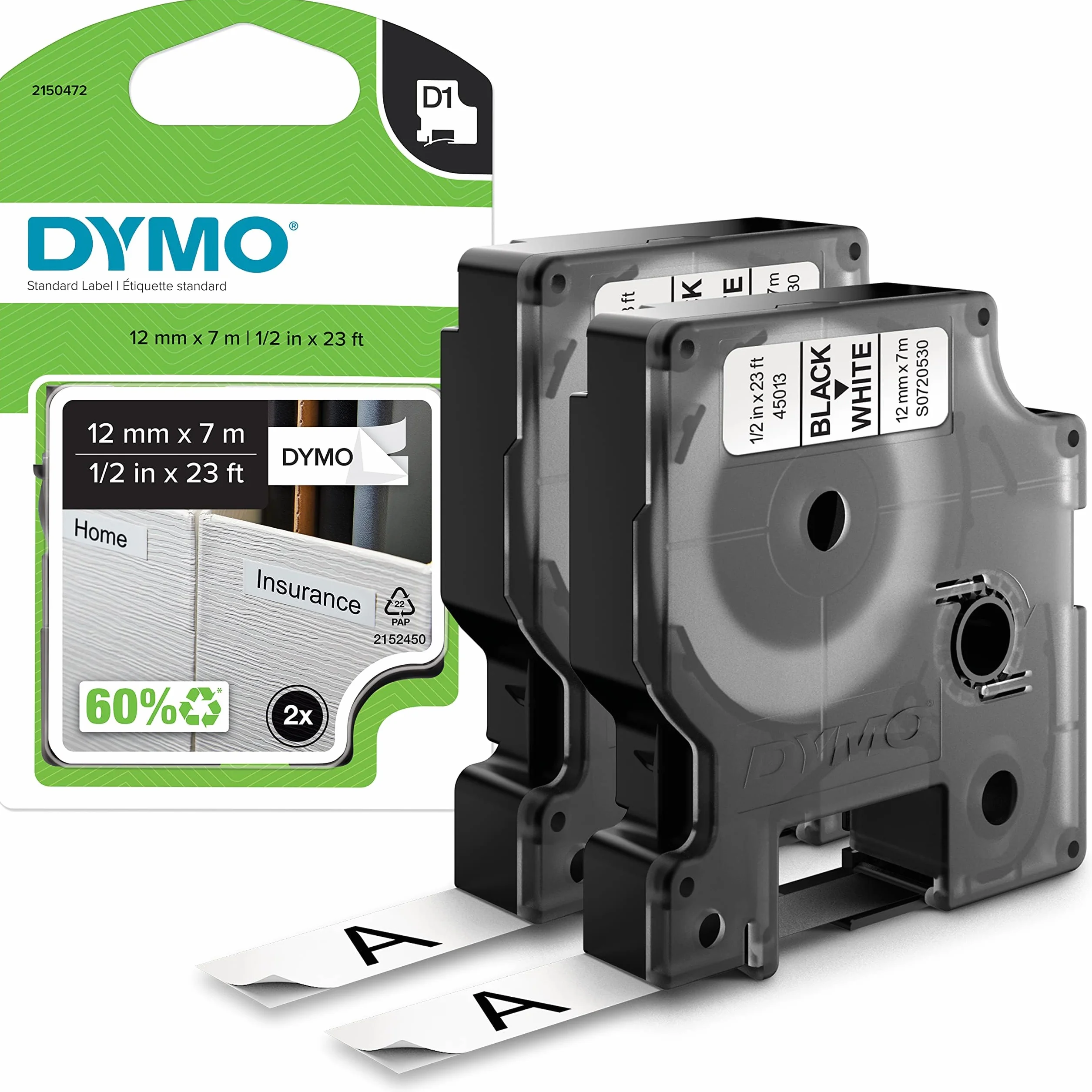 DYMO D1 etiquetas auténticas 12 mm × 7 m blanco negro para LabelManager 2 unidades