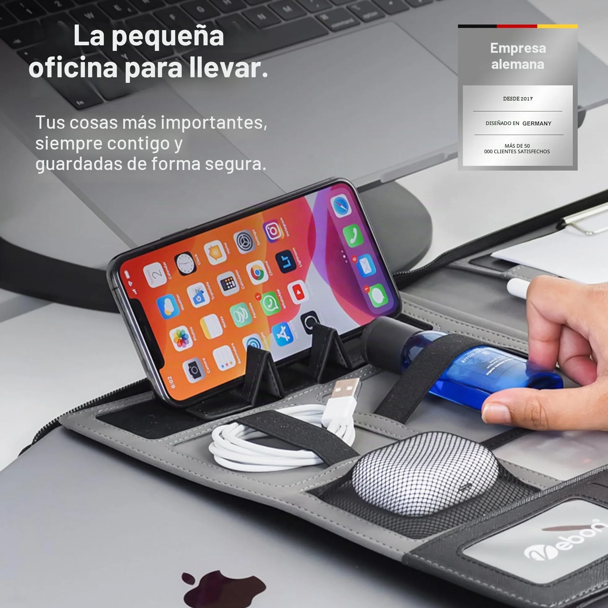 Vebon London Carpeta para documentos, tamaño A4, piel vegana, con cremallera, 2 en 1, carpeta y bolso para portátil, soporte para smartphone, negro