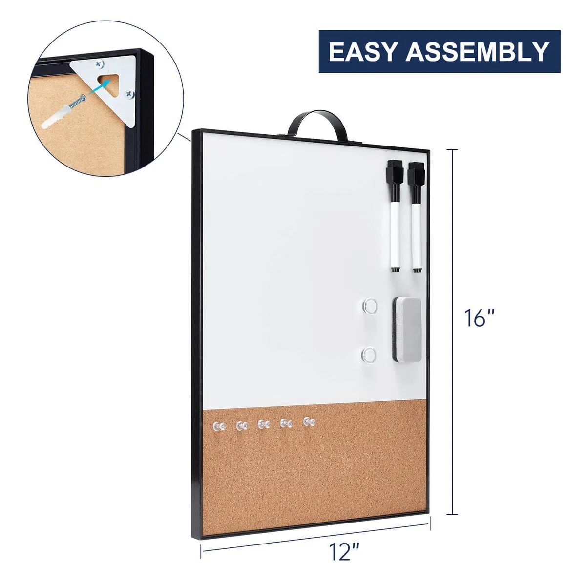 Pizarra blanca pequeña combinación de corcho para pared, marco de aluminio portátil de 16 x 12 pulgadas, pizarra magnética de borrado en seco, tablero de corcho pequeño con soporte para oficina, hogar