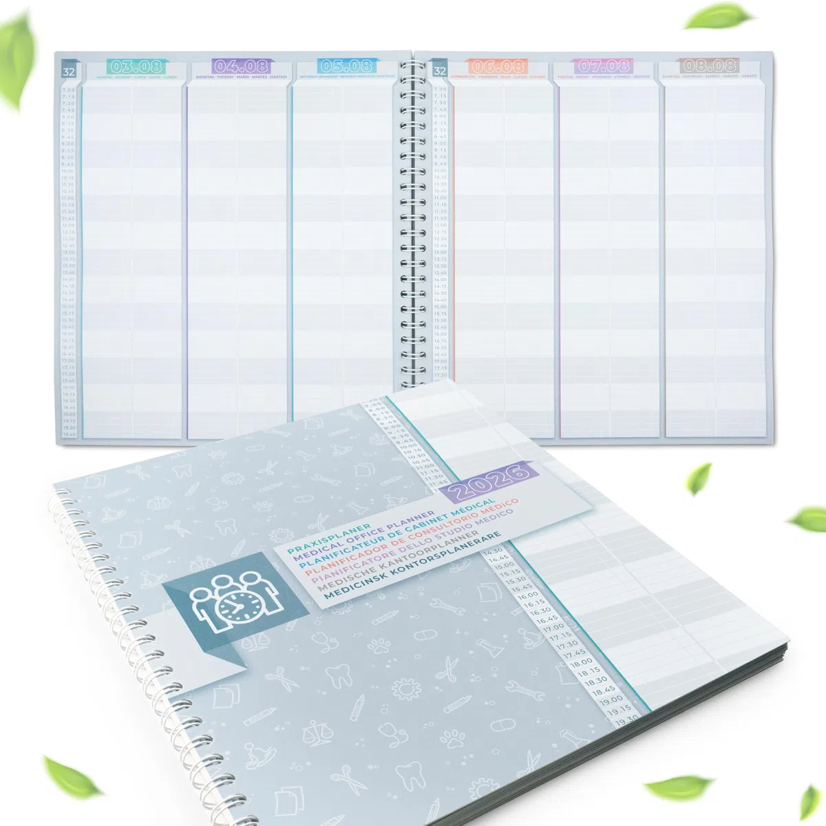 1 agenda del consultorio 2026 Libro de agenda médica con intervalos de 15 minutos, 2 columnas por día calendario médico extra grande para libro de citas formato 33x30 cm.
