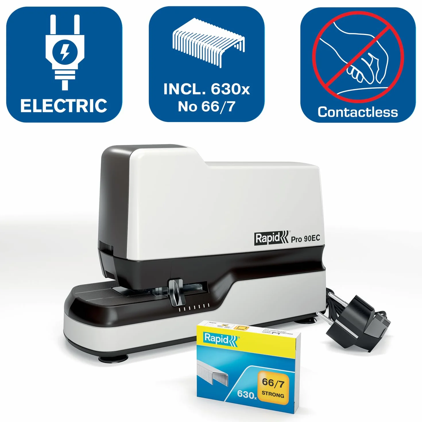 Rapid 20942901 - Grapadora Eléctrica Contactless 90EC Pro, Grapadora Automática de Oficina, Diseño Resistente y Manos Libres, 630 Grapas Incluidas, Blanca, 50 Hojas