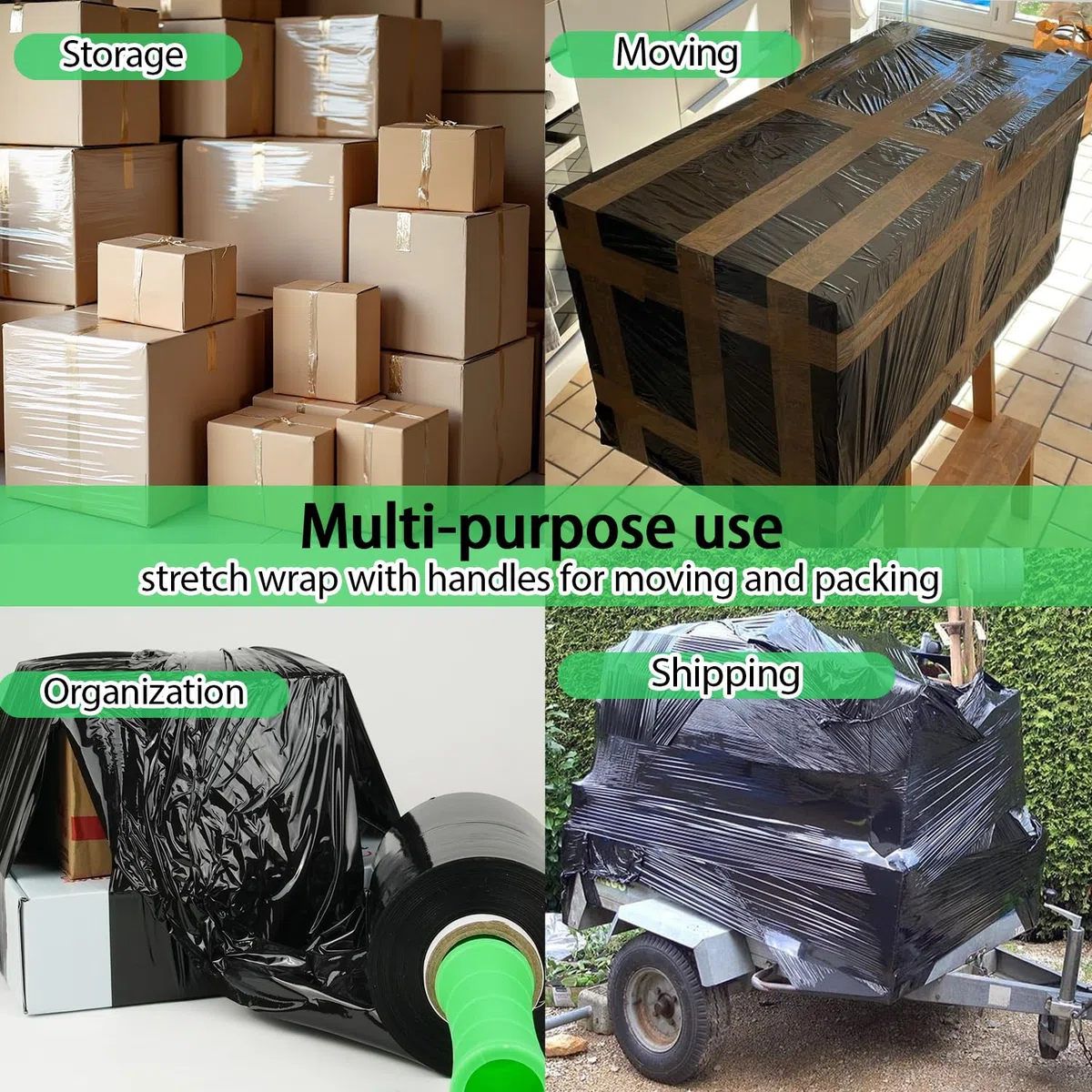 Mini rollo de película elástica negra, 5 x 1000 pies, 4 paquetes con 1 mango de plástico, envoltura de plástico industrial autoadhesiva para envoltura de palés, embalaje resistente, mudanza, envoltura
