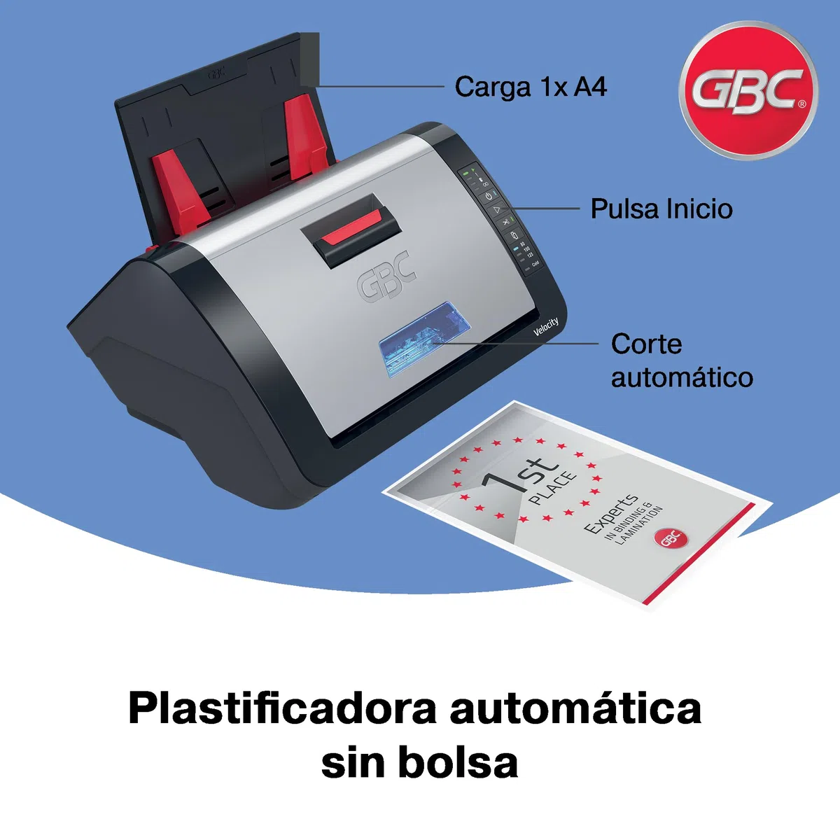 GBC Plastificadora Velocity Automática A4 - Máquina Plastificadora de Escritorio con Alineación y Corte Automático, Calentamiento y Ciclo Rápidos - Incluye Rollo Inicial 80 Micras - 42,5 x 23,5 x 34cm
