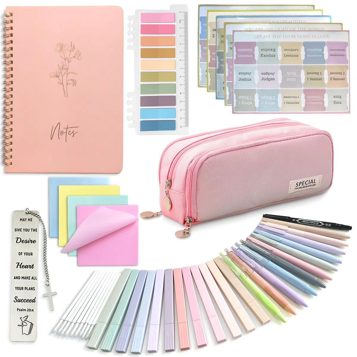 Kit de diario bíblico para mujeres, accesorios esenciales de estudio para estudiantes escolares con estuche para bolígrafo, cuaderno de diario de la Biblia, resaltadores y bolígrafos sin sangrado,